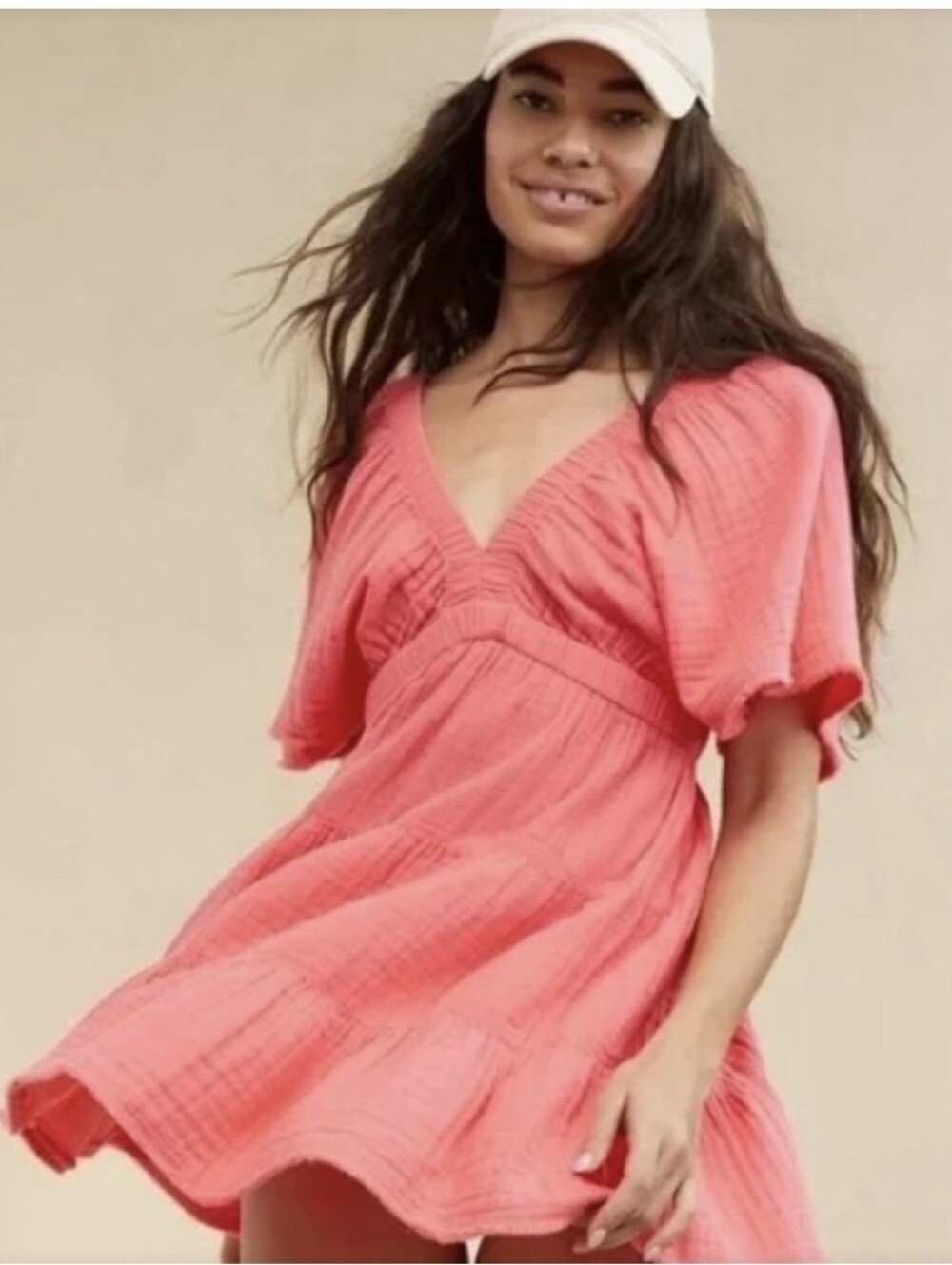 aerie Coral Textured V-Neck Dress